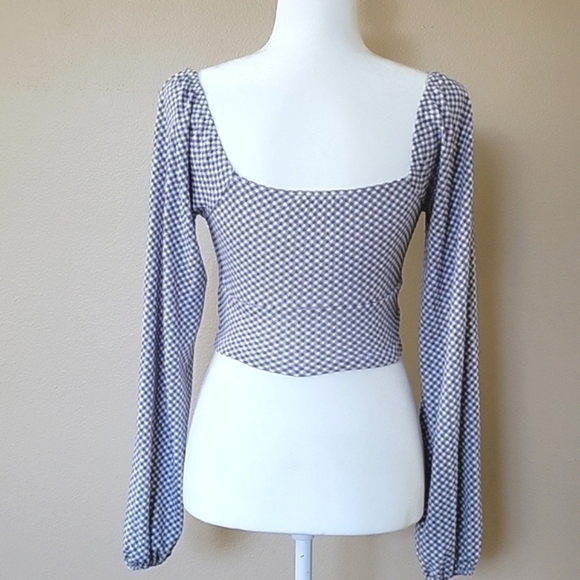 Altar'd State Womens Navy Gingham Puff Sleeve Flare Pant Two Piece Set - Size XS - Picture 6 of 13